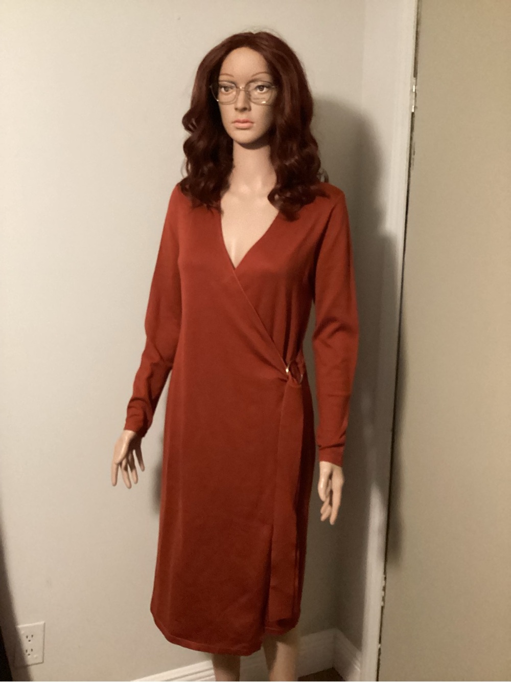 Wrap Midi Dress in Rust Color with Long Sleeves
